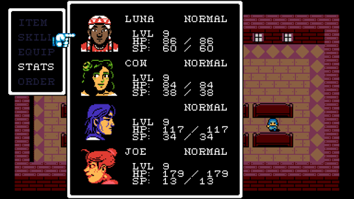 A screenshot of Grimstone (from UFO 50) showing my posse (my RPG party): a spiritualist girl named Luna, a dancer girl named Cow, a guy with no name, and a red-haired woman named Joe. Everyone is at level 9 and are at their fullest health and spirit.