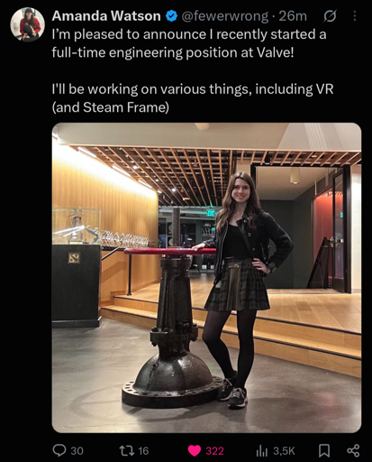 Tweet from Amanda Watson: "I'm pleased to announce I recently started a full-time engineering position at Valve! I'll be working on various things, including VR (and Steam Frame)"