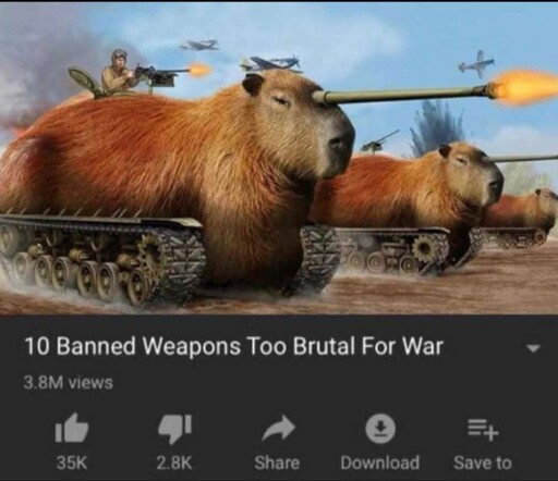 Video title: "10 Banned Weapons Too Brutal For War". Thumbnail shows tanks that look like capybaras