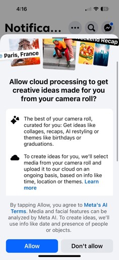 A smartphone notification screen prompts the user to allow cloud processing for personalized creative ideas based on their camera roll. The screen features a mix of images, including a view of the Eiffel Tower, a person in colorful clothing, and food. Options for allowing or