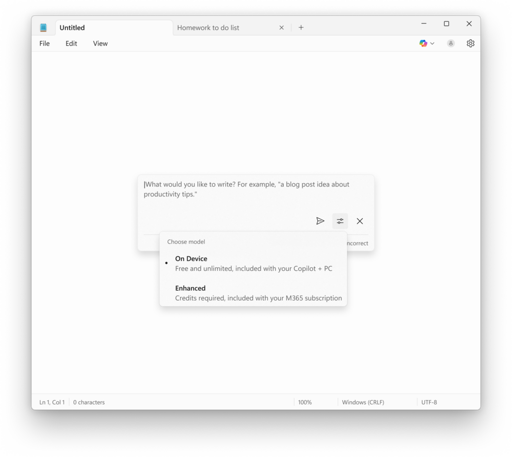 Notepad showing Write prompt with the ability to use the local model on your Copilot+ PC without a subscription.