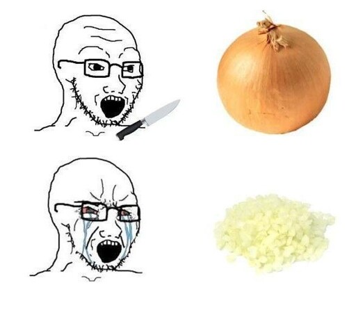 Person with a knife and a onion. Crying person with a knife and a cut onion