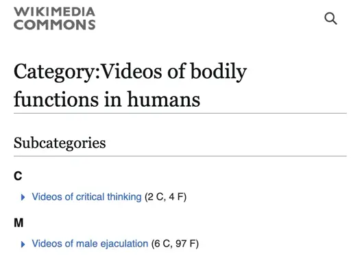 An image showing the number of hosted videos of bodily functions on Wikipedia. It has 4 videos of critical thinking, and 97 videos of male ejaculation