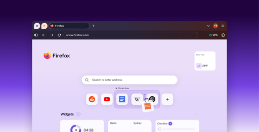 Image of Firefox's new "Nova" design with rounded corners on every UI element and a overbearing amount of purple gradients