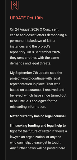 Nitter: Update Oct 10th seeking funding and legal help