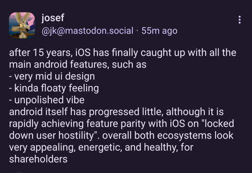 A screenshot of a toot on Mastodon. I have copied and pasted the text by the Mastodon user in the body of this Lemmy post.