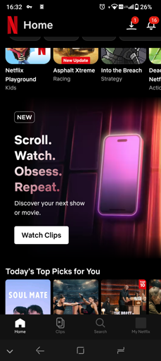 A advertisement from Netflix advertising their new "clips" feature reads: "Scroll, Watch, Obsess, Repeat"