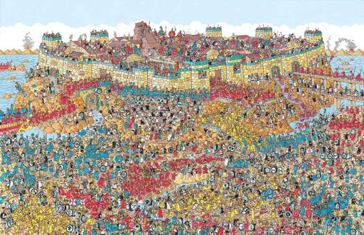 It's a Where's Waldo style image. It's ancient Greek with soldiers in red uniforms, blue uniforms, gold uniforms. There is a castle that is being besiged. It's a very chaotic scene. Somehow a couple of film crews showed up. Somewhere Saddam Hussein is hiding. Some people might say it will be hard. Some say it will be nigh impossible.