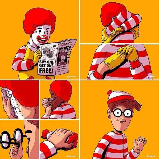Ronald McDonald taking off their makeup and cloths to become where's Wally