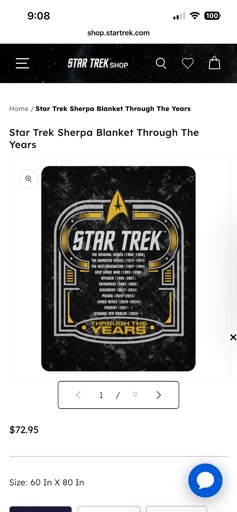 Screenshot of a website listing for a blanket. The artwork list every TV series (minus Short Treks and Very Short Treks) with the broadcast years . Strange New Worlds is listed without an end year since the series has not broadcast their final episode. However above that is Prodigy which does not feature the expected end year of 2024. Notably Starfleet Academy is missing.