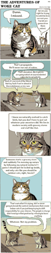 A pixellated comic strip depicts two cats having a conversation on the sidewalk