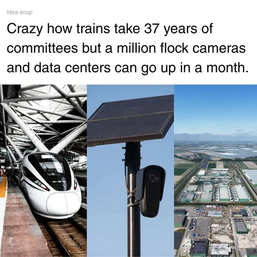 crazy how trains take 37 years of committees but a million flock cameras and data centers can go up in a month