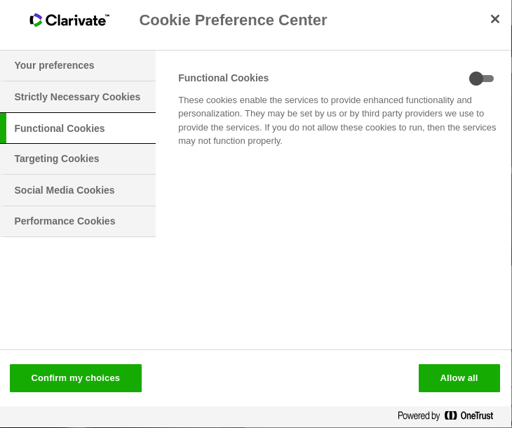 A screenshot depicting a website's cookie enablement popup, showing the "Functional Cookies" slider disabled. At the bottom of the popup, there are two identically formatted buttons: a "Confirm my choices" button in the bottom-left corner, and an "Allow all" button in the bottom-right corner.
