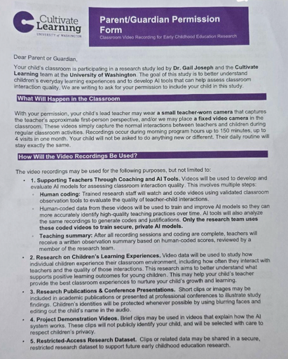 Notice Given to Parents: University of Washington researchers Wanted Preschool Teachers to Wear Cameras to Record Everything They Saw From a First-Person Perspective, Including The Children They Were Teaching, to Train AI.