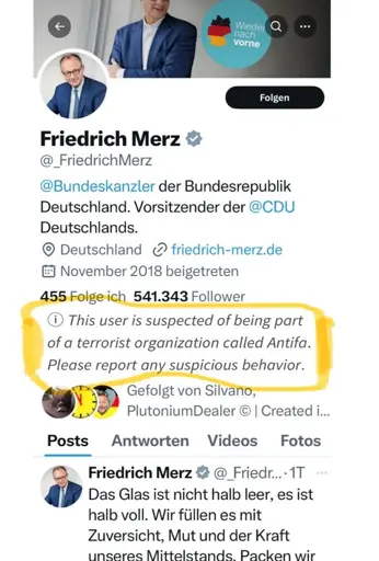 Friedrich Merzes Twitter account where it states that he might be part of the terrorist organization known as Antifa. 