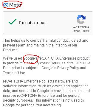 Screenshot of a Google reCAPTCHA on a Meta website. The words Google and meta are circled in red.