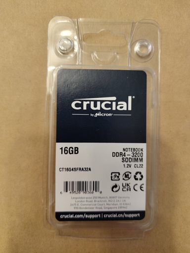 An empty box of Crucial laptop RAM