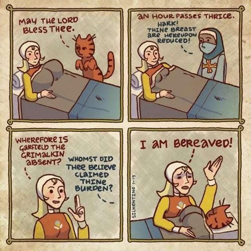 4 panel comic in a pseudo medieval style.

First panel: A woman with big breasts is lying in a bed. An orange cat standing by her says "May the Lord bless thee".

Second panel: "An hour passes thrice". Woman in bed no longer has big breasts. A nurse is standing by her and says "Hark! Thine breast are hereupon reduced!"

Third panel: the woman in bed gets up and asks "Wherefore is Garfield The Grimalkin absent?". The nurse from off-panel says "Whomst did thee believe claimed thine burden?".

Fourth panel: the woman exclaims "I am bereaved!" while the orange cat, now with big breasts, is lying in bed.