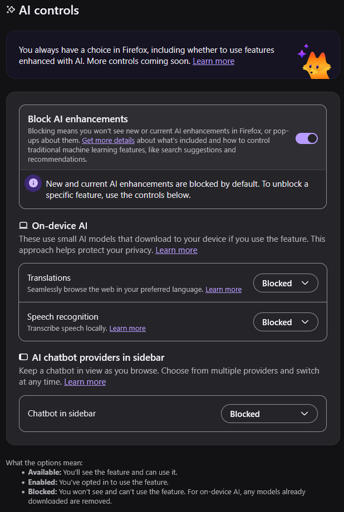 In Firefox settings, "Block AI enhancements" needs to be Enabled for the AI features to be "blocked".